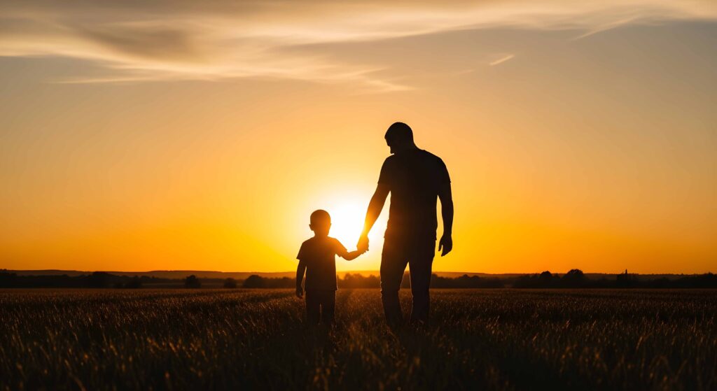 Father day silhouette dad and son walking in golden field at sun