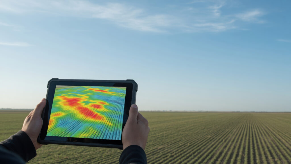 Precision agriculture digital tablet crop field data analysis agricultural technology remote sensing agronomy smart farming soil monitoring climate map farmer hand holds digital tablet showing