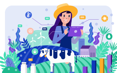 Illustration of farmer using tablet with data infographics in a field