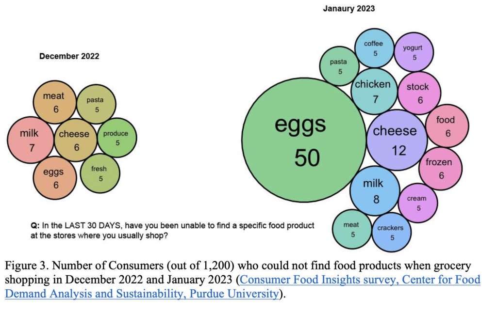Two bubble charts compare foods consumers were unable to find when grocery shopping in December 2022 and January 2023. In December 2022, shortages are spread across items such as milk (7 respondents), eggs (6), cheese (6), meat (6), pasta (5), produce (5), and fresh items (5). In January 2023, eggs dominate shortages, reported by 50 respondents, followed by cheese (12), milk (8), chicken (7), stock, frozen foods, and general food items (6 each), with several other categories reported by five respondents. Bubble size represents the number of consumers affected.
