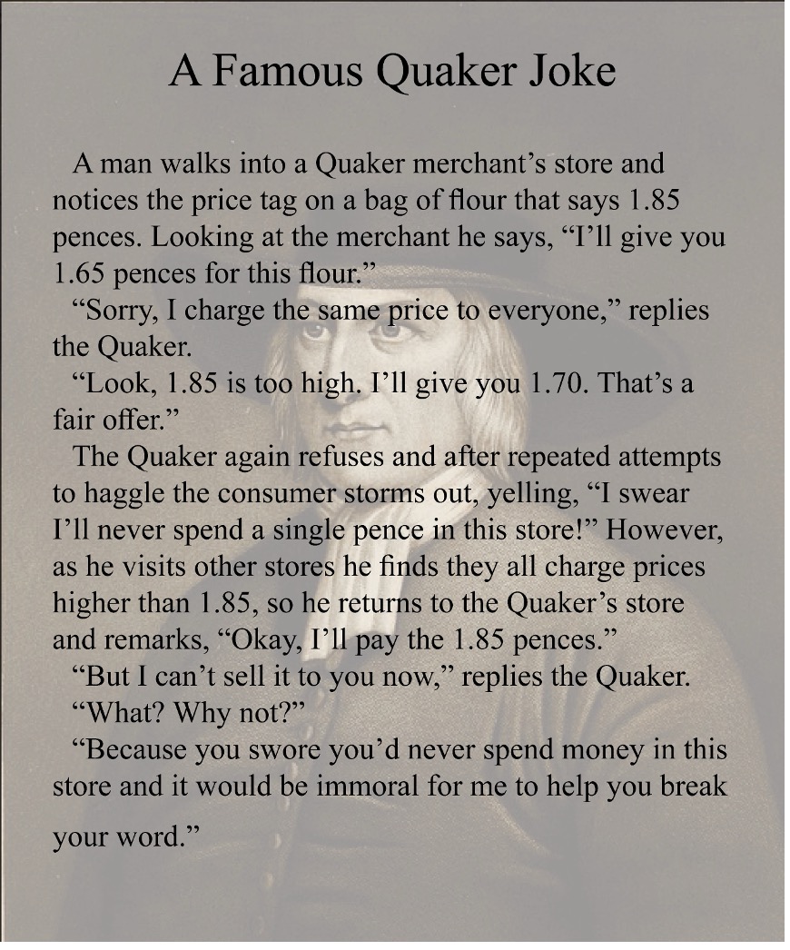 Photograph of a printed page titled “A Famous Quaker Joke,” presenting a short story about a Quaker merchant refusing to haggle and enforcing fixed prices.
