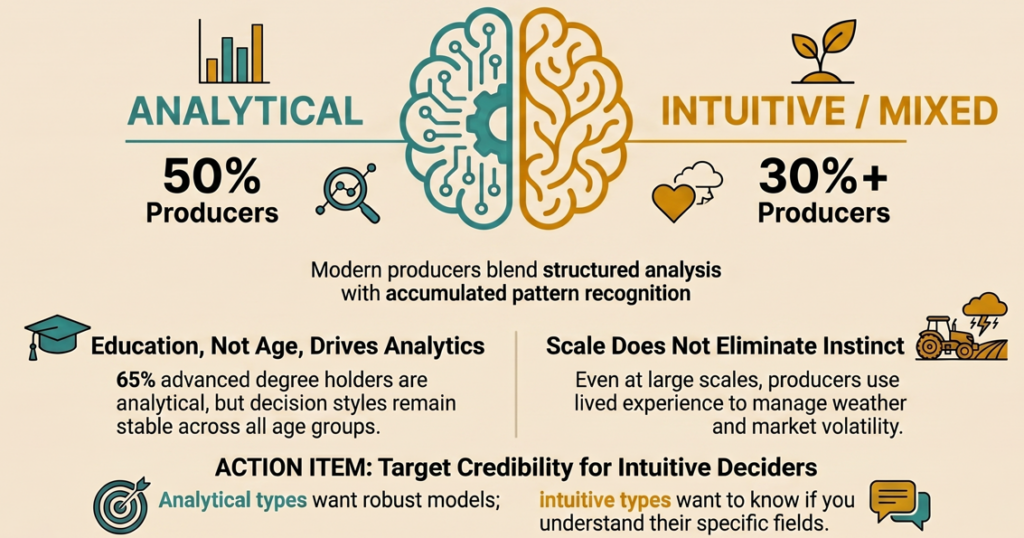 Infographic showing producer decision-making styles split between analytical and intuitive approaches. Left side states “Analytical: 50% of producers,” and right side states “Intuitive/Mixed: 30%+ of producers,” with a brain graphic in the center representing both. Supporting text explains that modern producers blend structured analysis with pattern recognition. Key insights note that education—not age—drives analytical thinking (65% of advanced degree holders are analytical), and that scale does not eliminate instinct, as producers rely on experience to manage uncertainty. Action item emphasizes targeting credibility: analytical types prefer robust models, while intuitive types value understanding of their specific operations.