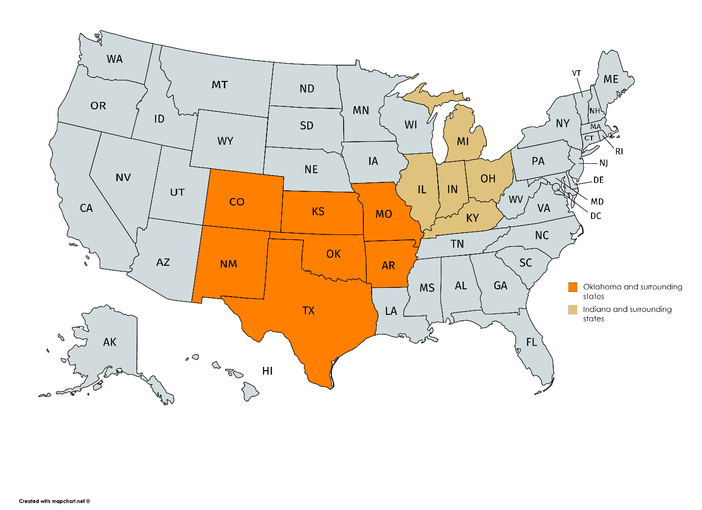 Figure 1. Indiana and surrounding states and Oklahoma and surrounding states.